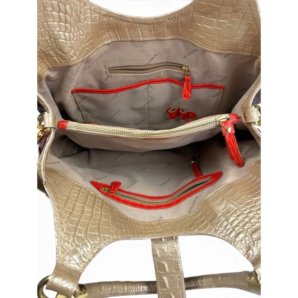 Brahmin Pecan Melbourne Croc Embossed Leather Satchel Gold Trim Brown Red Bag